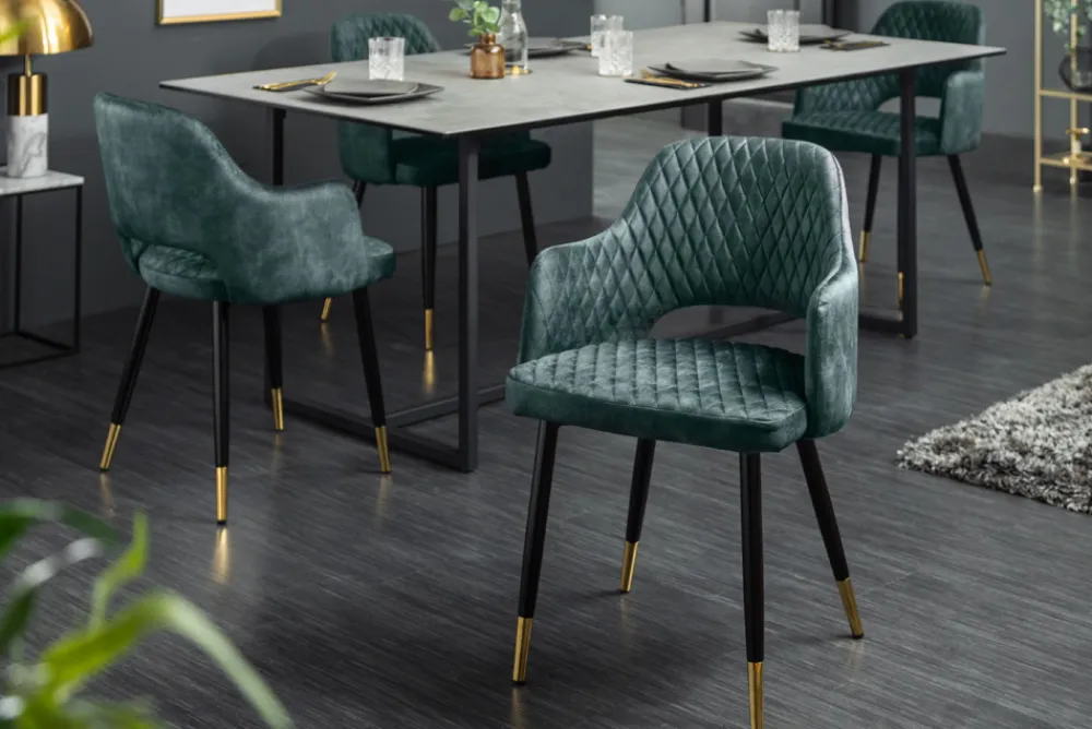 Riess-Ambiente Goldene Möbel|Retro Möbel > Eleganter Stuhl PARIS petrol Samt Ziersteppung Fußkappen gold Retro-Design mit Armlehnen