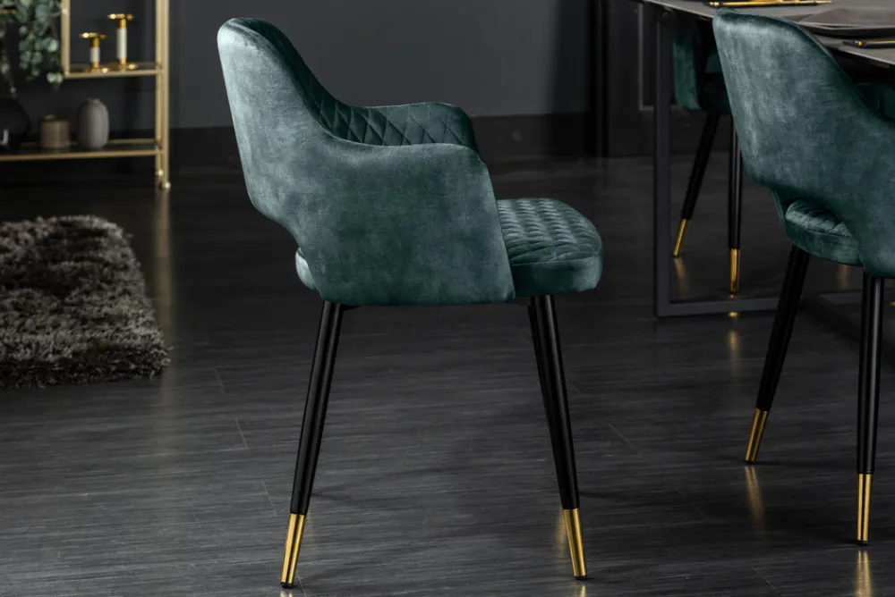 Riess-Ambiente Goldene Möbel|Retro Möbel > Eleganter Stuhl PARIS petrol Samt Ziersteppung Fußkappen gold Retro-Design mit Armlehnen