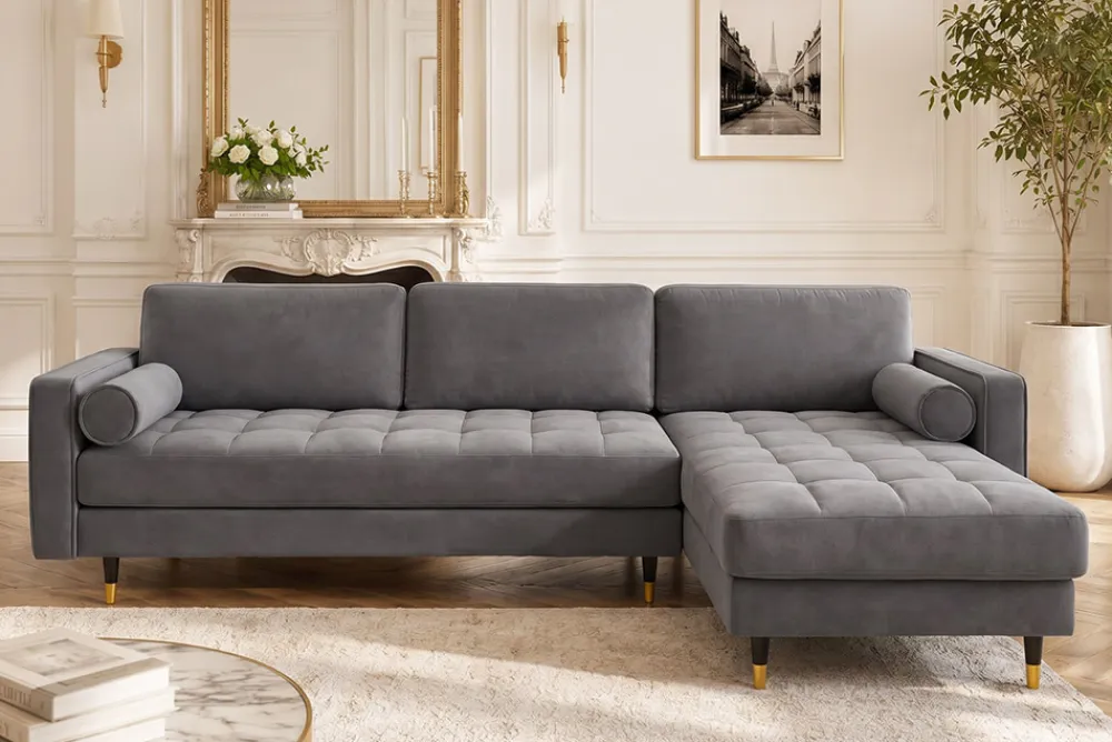 Riess-Ambiente Samt Möbel|Ecksofa > Elegantes Ecksofa COZY VELVET 260cm grau Samt Federkern 3-Sitzer