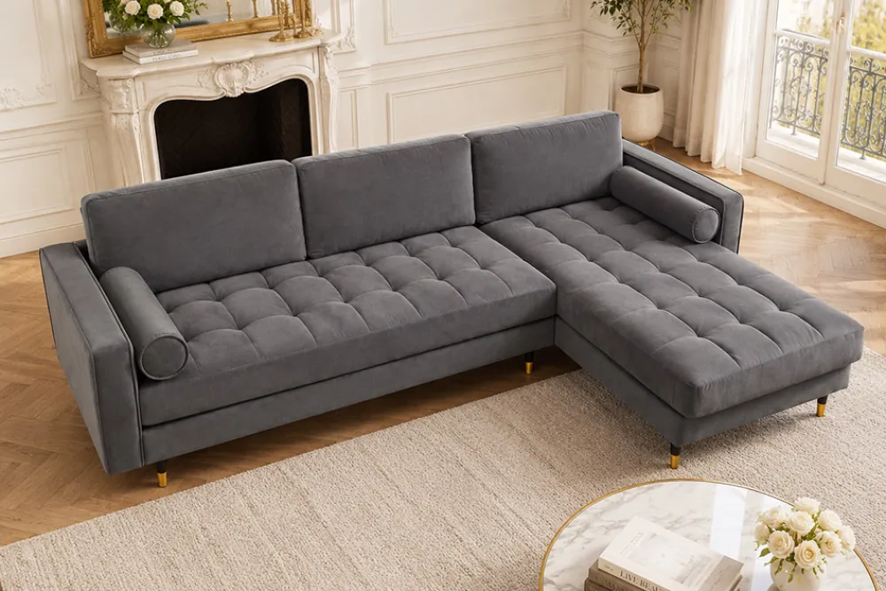 Riess-Ambiente Samt Möbel|Ecksofa > Elegantes Ecksofa COZY VELVET 260cm grau Samt Federkern 3-Sitzer