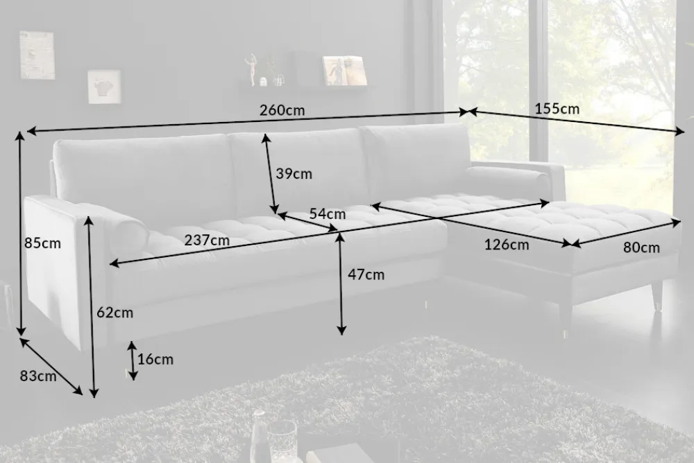 Riess-Ambiente Samt Möbel|Ecksofa > Elegantes Ecksofa COZY VELVET 260cm grau Samt Federkern 3-Sitzer