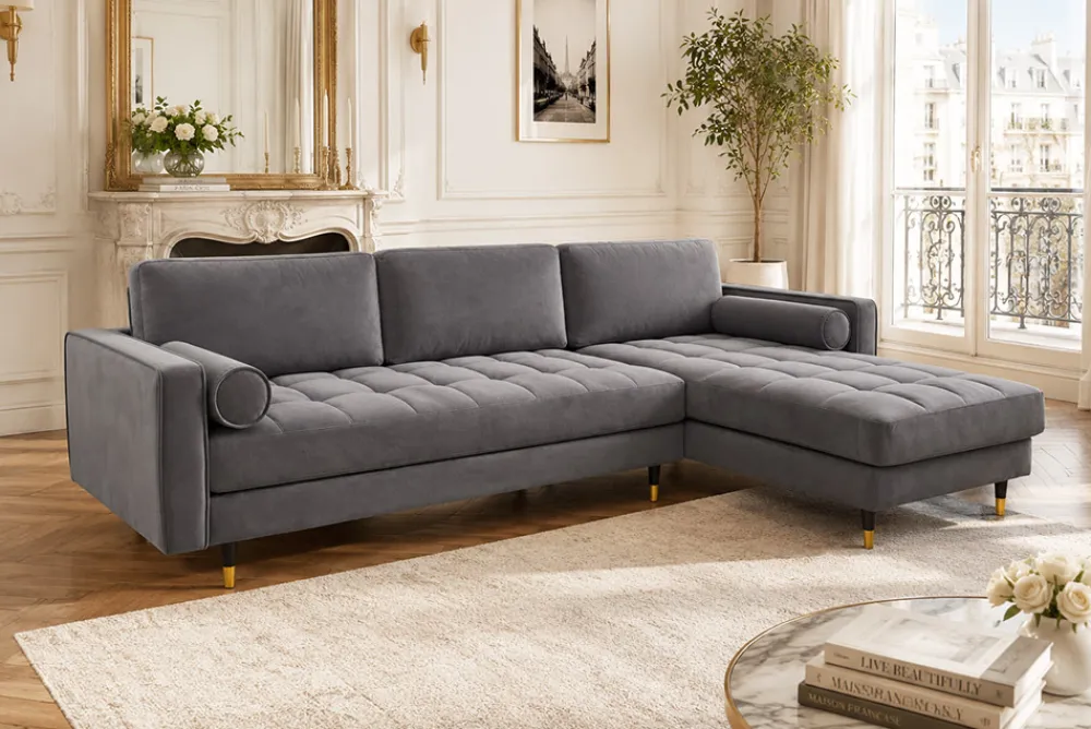 Riess-Ambiente Samt Möbel|Ecksofa > Elegantes Ecksofa COZY VELVET 260cm grau Samt Federkern 3-Sitzer