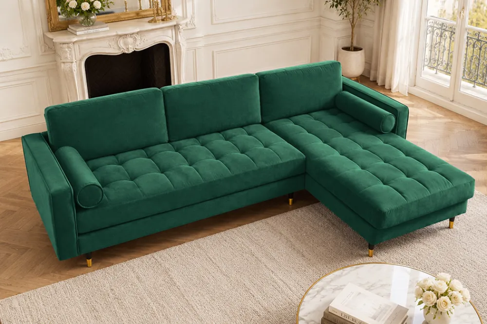 Riess-Ambiente Samt Möbel|Ecksofa > Elegantes Ecksofa COZY VELVET 260cm smaragdgrün Samt Federkern 3-Sitzer