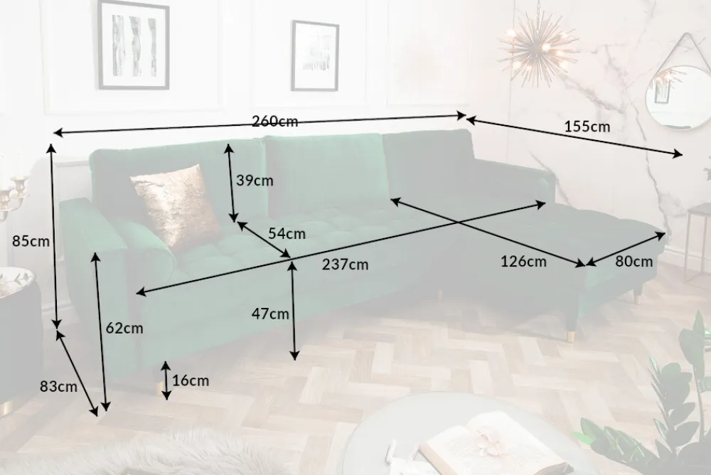Riess-Ambiente Samt Möbel|Ecksofa > Elegantes Ecksofa COZY VELVET 260cm smaragdgrün Samt Federkern 3-Sitzer
