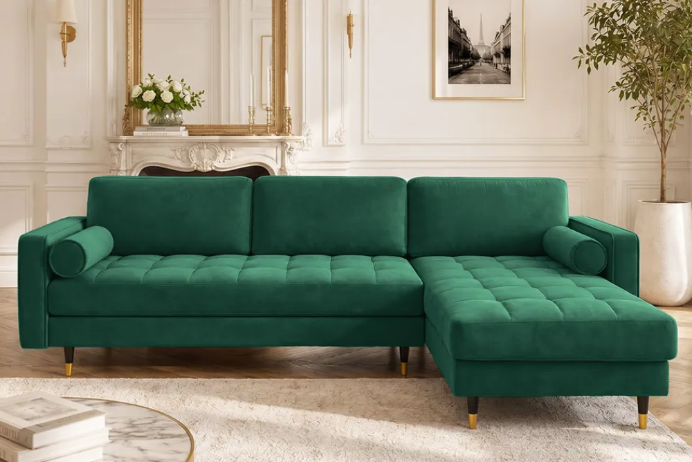 Riess-Ambiente Samt Möbel|Ecksofa > Elegantes Ecksofa COZY VELVET 260cm smaragdgrün Samt Federkern 3-Sitzer