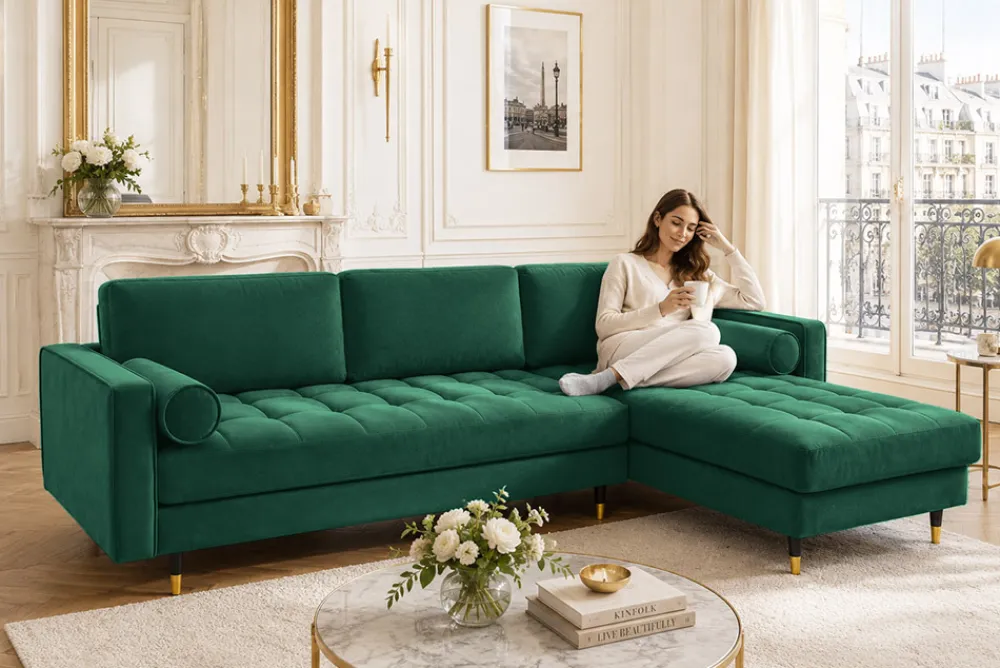 Riess-Ambiente Samt Möbel|Ecksofa > Elegantes Ecksofa COZY VELVET 260cm smaragdgrün Samt Federkern 3-Sitzer