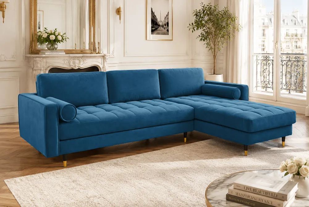 Riess-Ambiente Samt Möbel|Ecksofa > Elegantes Ecksofa COZY VELVET 260cm blau petrol Samt Federkern 3-Sitzer