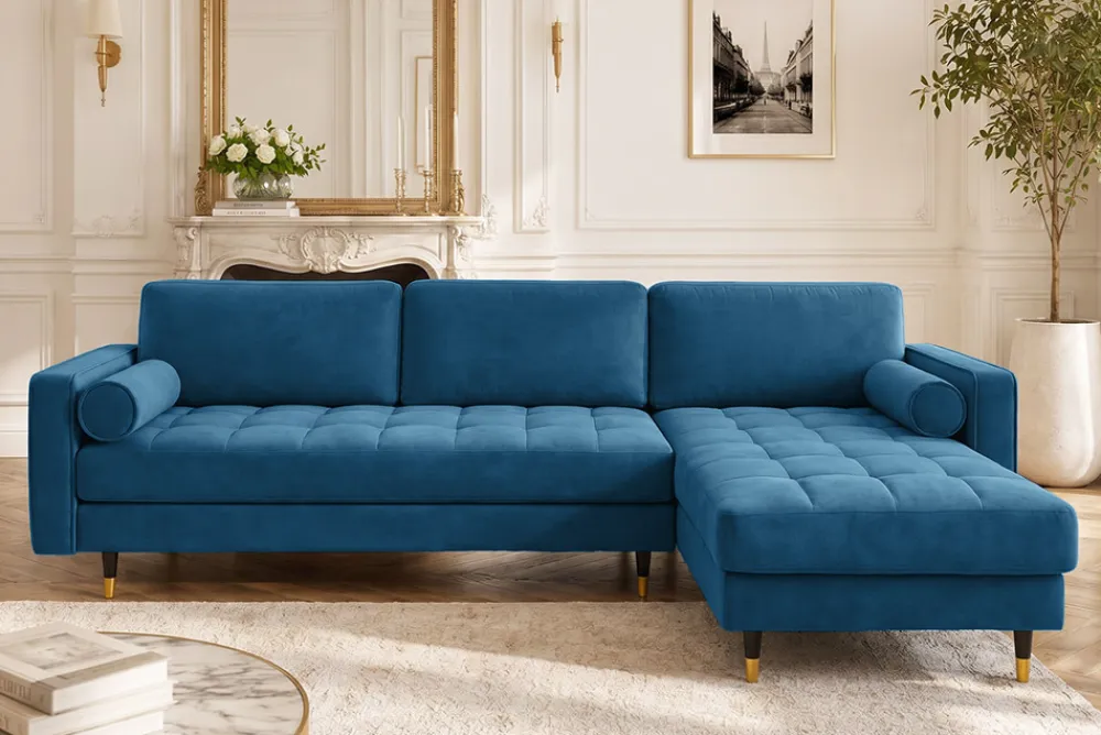 Riess-Ambiente Samt Möbel|Ecksofa > Elegantes Ecksofa COZY VELVET 260cm blau petrol Samt Federkern 3-Sitzer