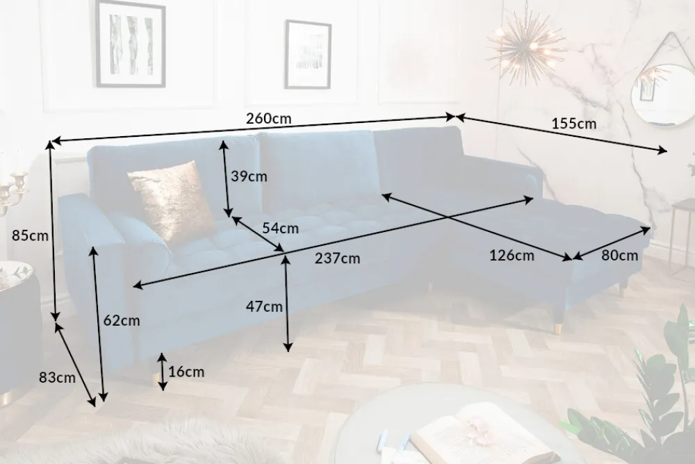 Riess-Ambiente Samt Möbel|Ecksofa > Elegantes Ecksofa COZY VELVET 260cm blau petrol Samt Federkern 3-Sitzer