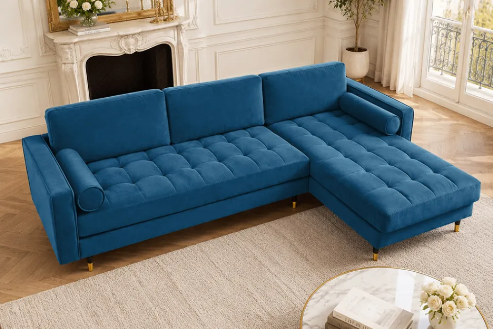Riess-Ambiente Samt Möbel|Ecksofa > Elegantes Ecksofa COZY VELVET 260cm blau petrol Samt Federkern 3-Sitzer