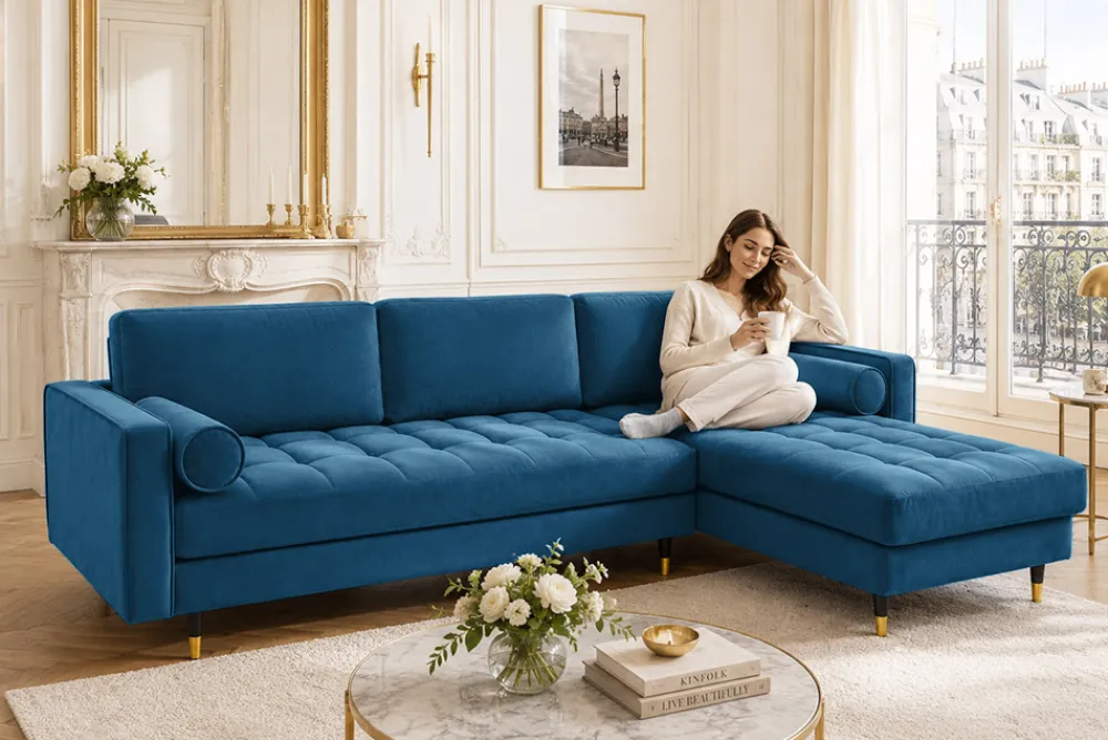 Riess-Ambiente Samt Möbel|Ecksofa > Elegantes Ecksofa COZY VELVET 260cm blau petrol Samt Federkern 3-Sitzer