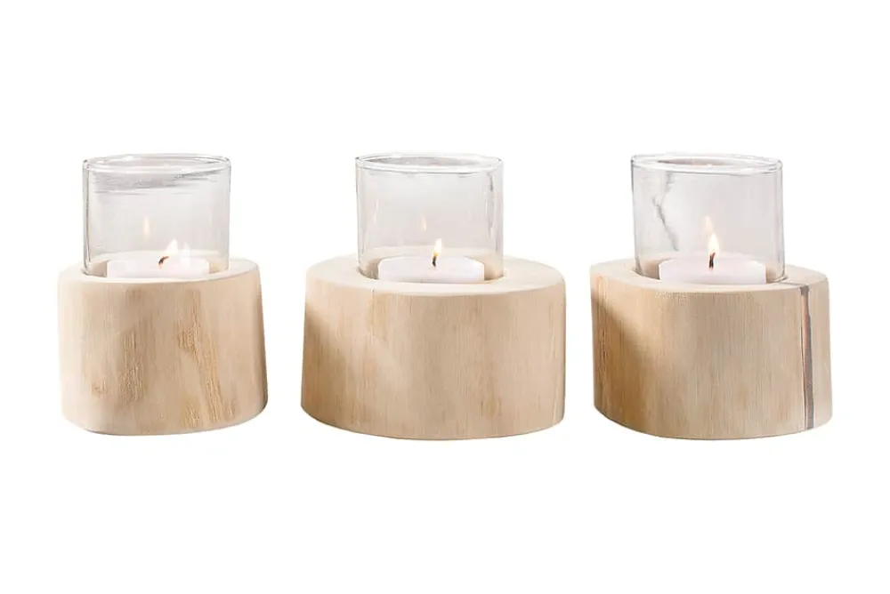 Riess-Ambiente Mehr...|Mehr... > Elegantes 3er Set Windlicht LIMOTION Teakholz Outdoor Teelicht Kerzenhalter