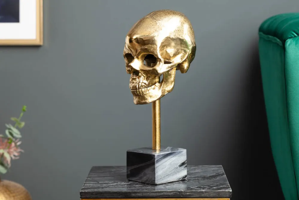 Riess-Ambiente Dekoration|Goldene Möbel > Elegante Skulptur SKULL 35cm gold Totenkopf mit Marmorfuß