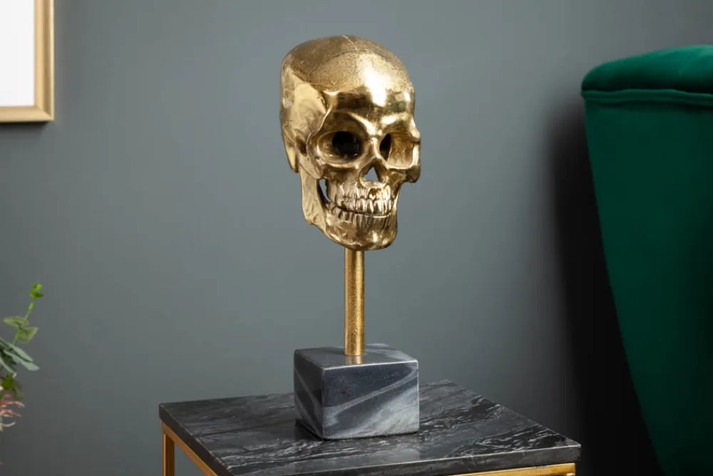 Riess-Ambiente Dekoration|Goldene Möbel > Elegante Skulptur SKULL 35cm gold Totenkopf mit Marmorfuß