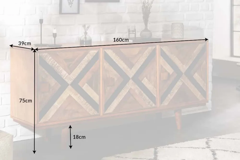 Riess-Ambiente Retro Möbel|Sideboards & Kommoden > Elegantes Sideboard LONG ISLAND 160cm Mangoholz-Optik mit Retro Muster