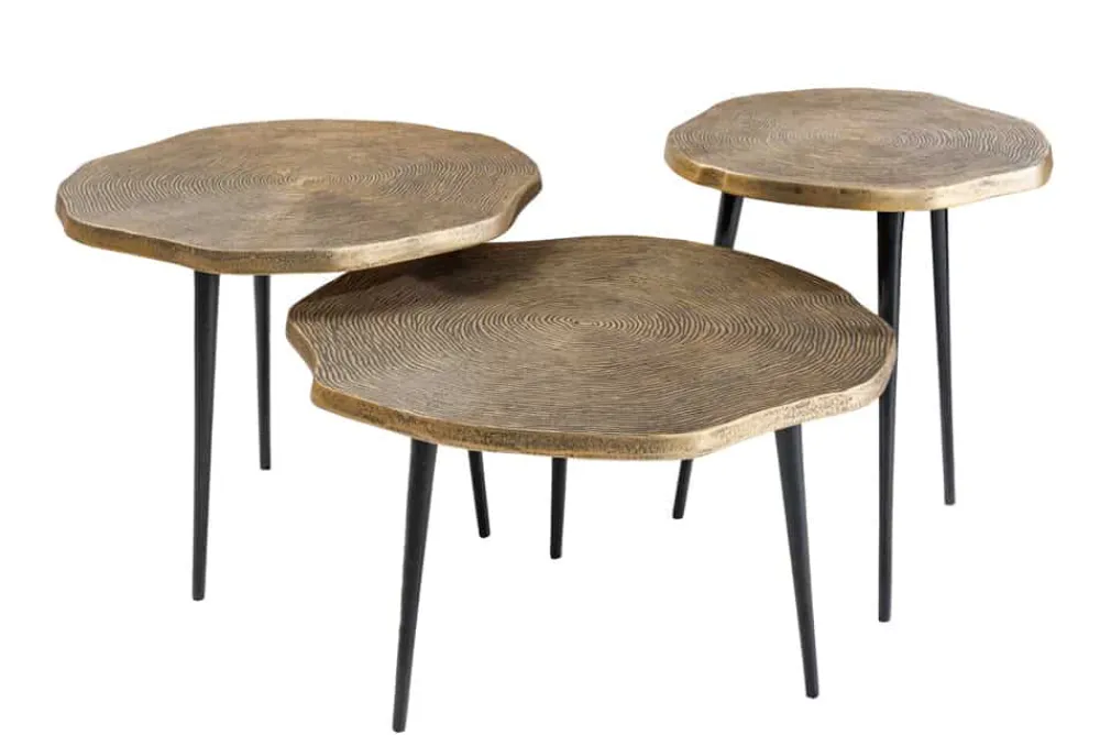 Riess-Ambiente Beistelltische|Goldene Möbel > 3er Set Beistelltische ORGANIC 60/50/40cm antik messing Metall rund Baumstamm schwarze Beine