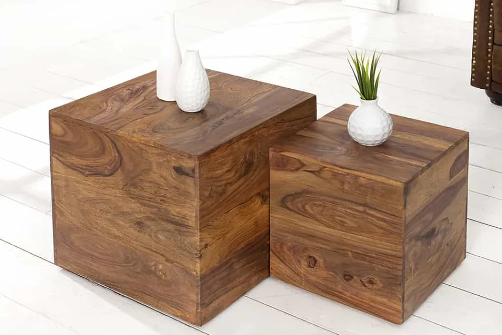 Riess-Ambiente Mehr...|Couchtische > 2er Set Beistelltische Würfel MAKASSAR 40cm braun Sheesham Massivholz stone finish