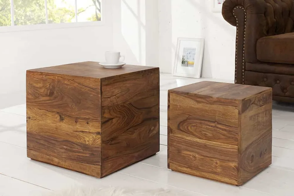 Riess-Ambiente Mehr...|Couchtische > 2er Set Beistelltische Würfel MAKASSAR 40cm braun Sheesham Massivholz stone finish