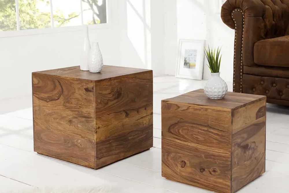 Riess-Ambiente Mehr...|Couchtische > 2er Set Beistelltische Würfel MAKASSAR 40cm braun Sheesham Massivholz stone finish