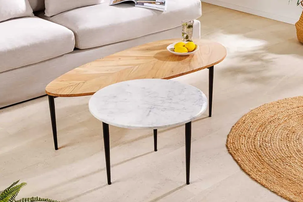 Riess-Ambiente Mehr...|Couchtische > 2er Set Couchtische ADLON 110cm natur weiß Akazienholz Marmor schwarz Metall