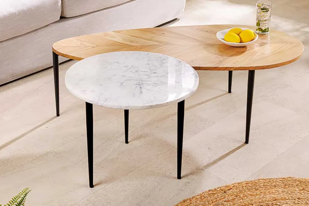 Riess-Ambiente Mehr...|Couchtische > 2er Set Couchtische ADLON 110cm natur weiß Akazienholz Marmor schwarz Metall
