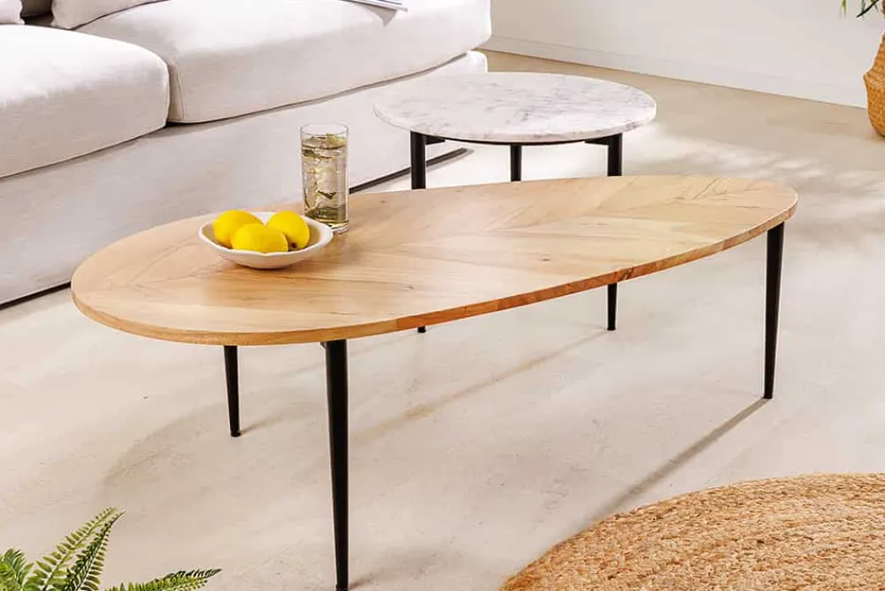 Riess-Ambiente Mehr...|Couchtische > 2er Set Couchtische ADLON 110cm natur weiß Akazienholz Marmor schwarz Metall