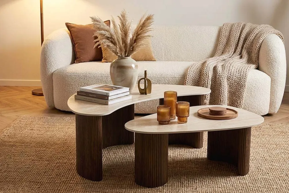 Riess-Ambiente Skandinavisch|Couchtische & Truhen > 2er Set Couchtische OSAKA 120cm champagner greige Travertin Keramik Walnuss