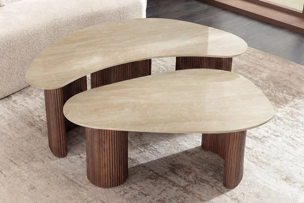 Riess-Ambiente Skandinavisch|Couchtische & Truhen > 2er Set Couchtische OSAKA 120cm champagner greige Travertin Keramik Walnuss