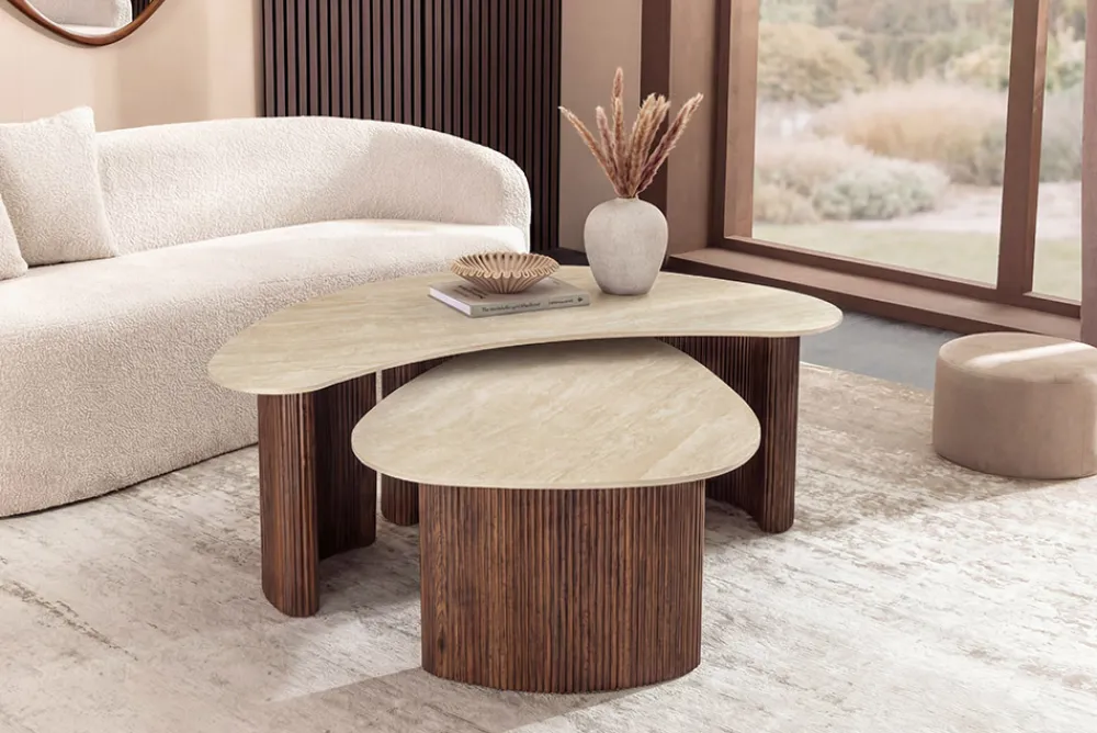 Riess-Ambiente Skandinavisch|Couchtische & Truhen > 2er Set Couchtische OSAKA 120cm champagner greige Travertin Keramik Walnuss