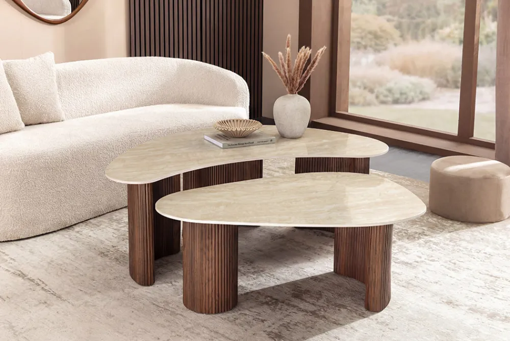 Riess-Ambiente Skandinavisch|Couchtische & Truhen > 2er Set Couchtische OSAKA 120cm champagner greige Travertin Keramik Walnuss