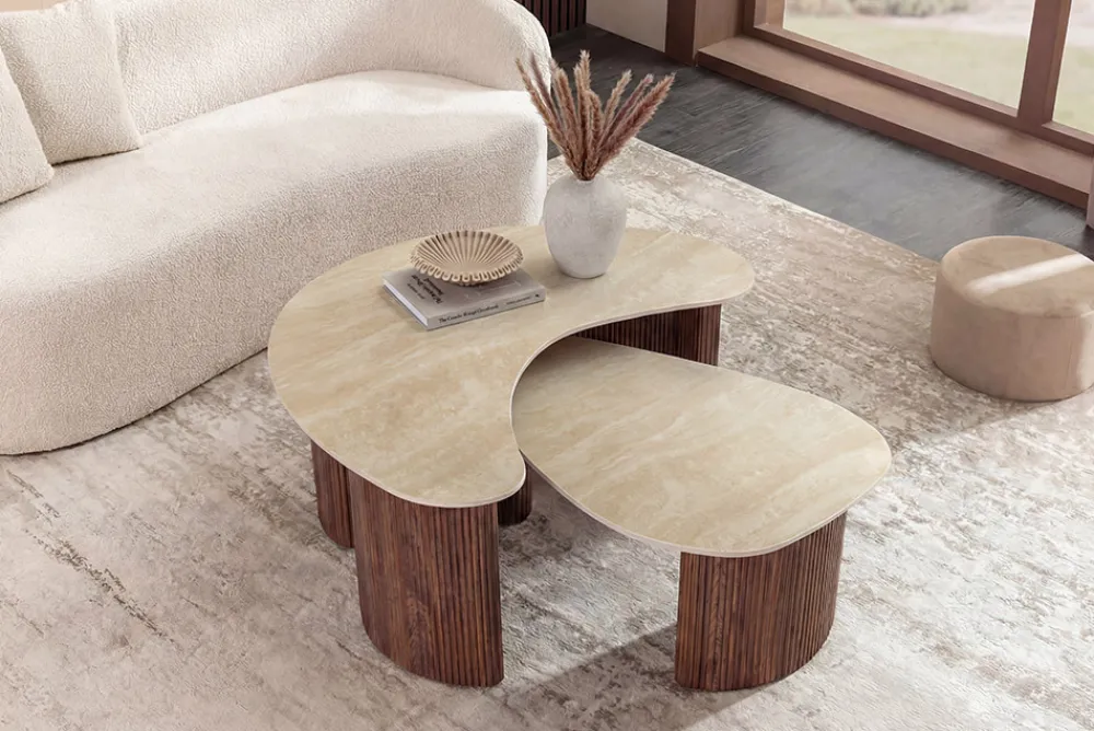 Riess-Ambiente Skandinavisch|Couchtische & Truhen > 2er Set Couchtische OSAKA 120cm champagner greige Travertin Keramik Walnuss