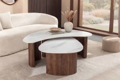 Riess-Ambiente Skandinavisch|Couchtische & Truhen > 2er Set Couchtische OSAKA 120cm weiß Marmor Keramik Walnuss