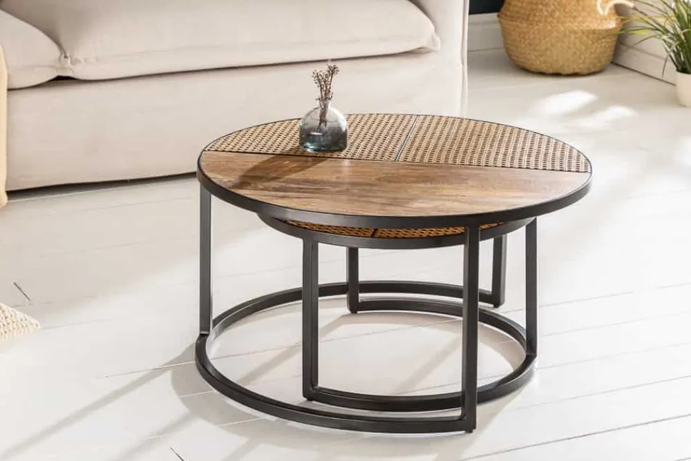 Riess-Ambiente Mehr...|Couchtische > 2er Set Couchtisch VIENNA LOUNGE 70cm rund Mangoholz massiv Wiener Geflecht Metall schwarz