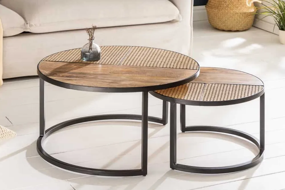 Riess-Ambiente Mehr...|Couchtische > 2er Set Couchtisch VIENNA LOUNGE 70cm rund Mangoholz massiv Wiener Geflecht Metall schwarz