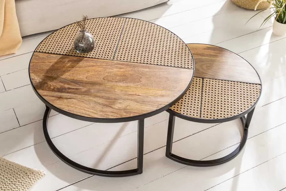 Riess-Ambiente Mehr...|Couchtische > 2er Set Couchtisch VIENNA LOUNGE 70cm rund Mangoholz massiv Wiener Geflecht Metall schwarz