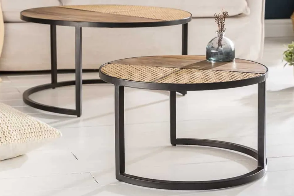 Riess-Ambiente Mehr...|Couchtische > 2er Set Couchtisch VIENNA LOUNGE 70cm rund Mangoholz massiv Wiener Geflecht Metall schwarz