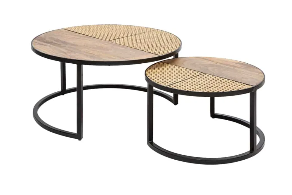 Riess-Ambiente Mehr...|Couchtische > 2er Set Couchtisch VIENNA LOUNGE 70cm rund Mangoholz massiv Wiener Geflecht Metall schwarz