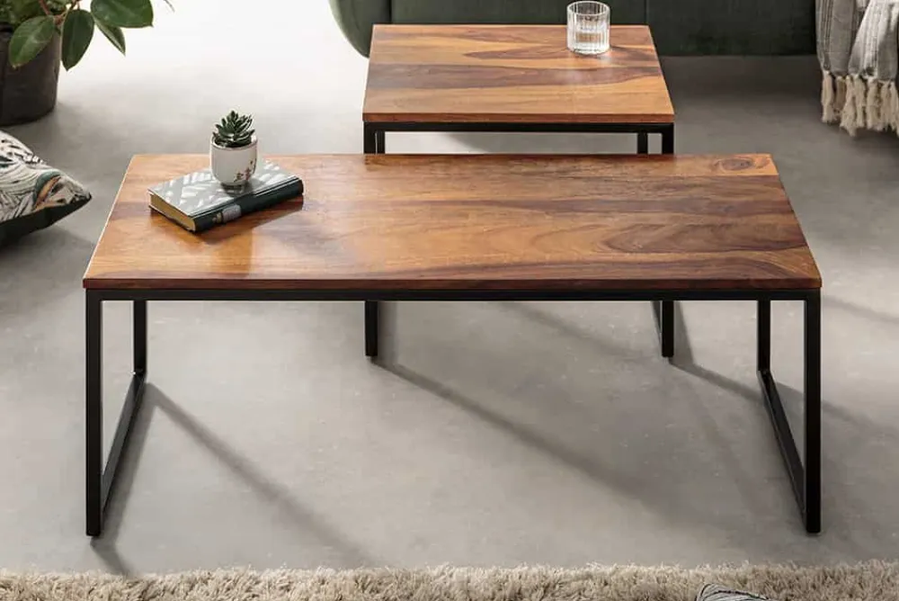 Riess-Ambiente Mehr...|Couchtische > 2er Set Design Couchtisch ELEMENTS 100cm Sheesham Massivholz stone finish Metallgestell