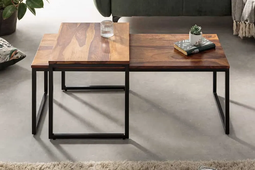 Riess-Ambiente Mehr...|Couchtische > 2er Set Design Couchtisch ELEMENTS 100cm Sheesham Massivholz stone finish Metallgestell