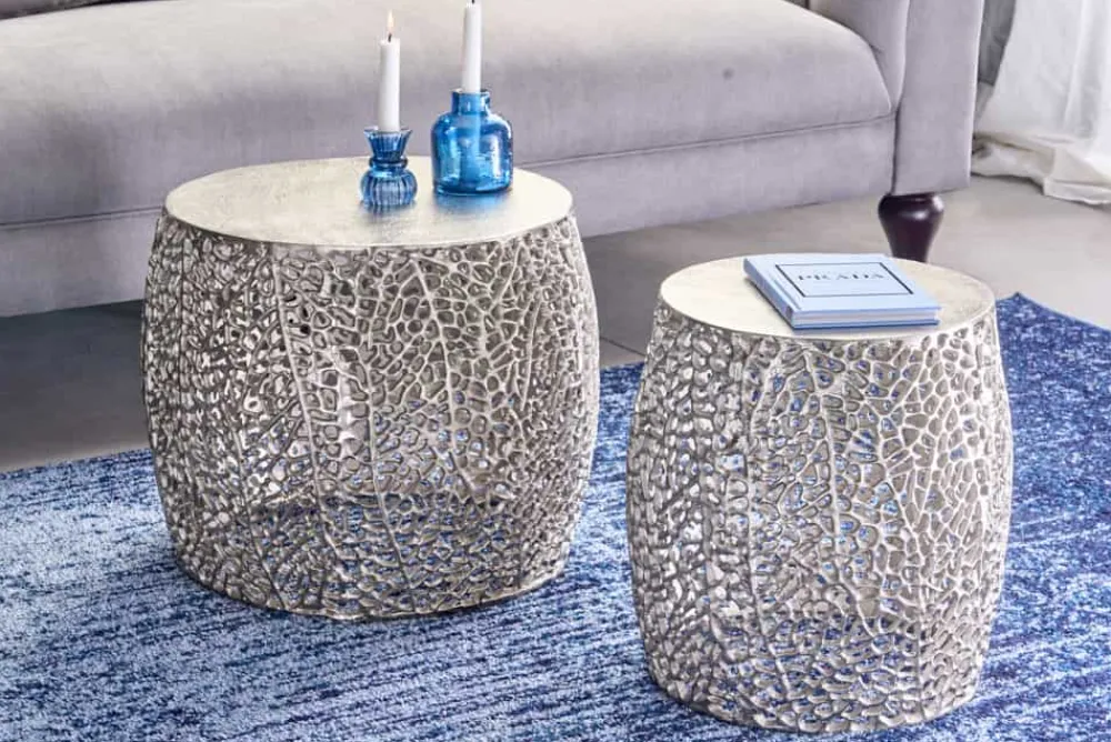 Riess-Ambiente Beistelltische|Goldene Möbel > 2er Set filigraner Design Couchtisch ABSTRACT LEAF antik silber Handarbeit rund