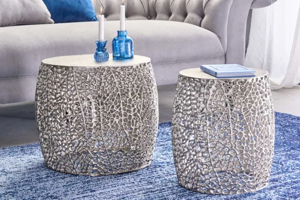 Riess-Ambiente Beistelltische|Goldene Möbel > 2er Set filigraner Design Couchtisch ABSTRACT LEAF antik silber Handarbeit rund