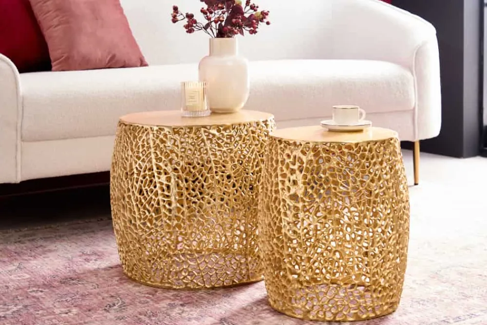 Riess-Ambiente Beistelltische|Goldene Möbel > 2er Set Filigraner Design Couchtisch ABSTRACT LEAF gold Handarbeit Metall rund