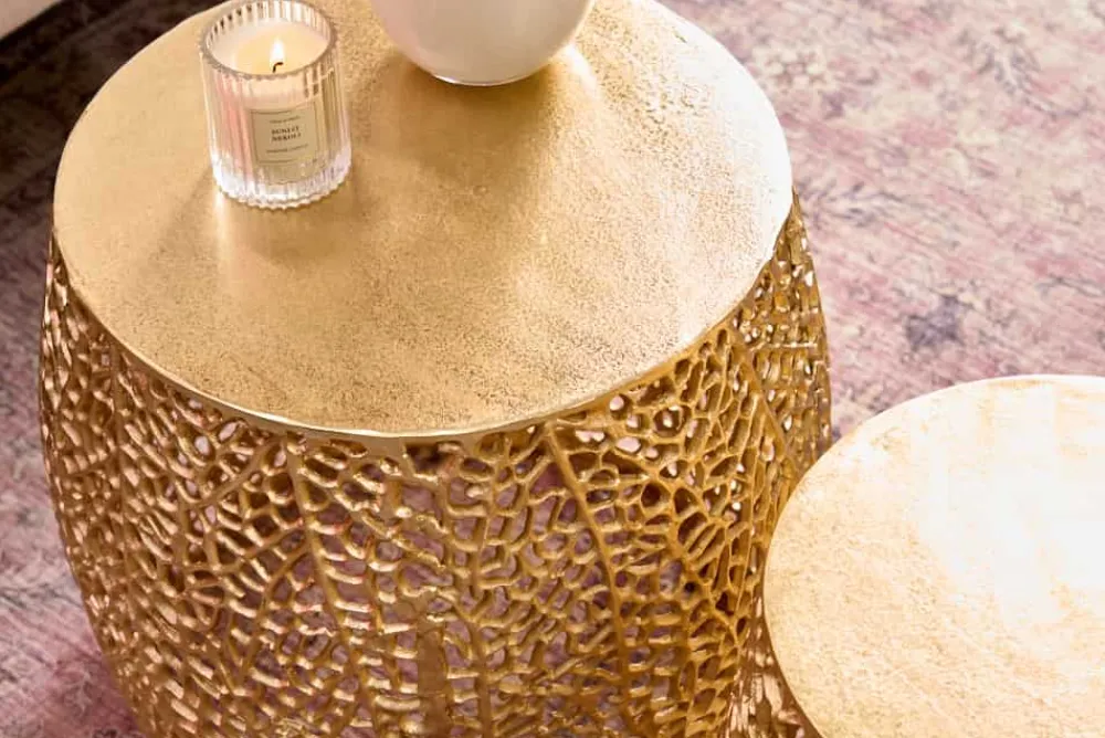 Riess-Ambiente Beistelltische|Goldene Möbel > 2er Set Filigraner Design Couchtisch ABSTRACT LEAF gold Handarbeit Metall rund