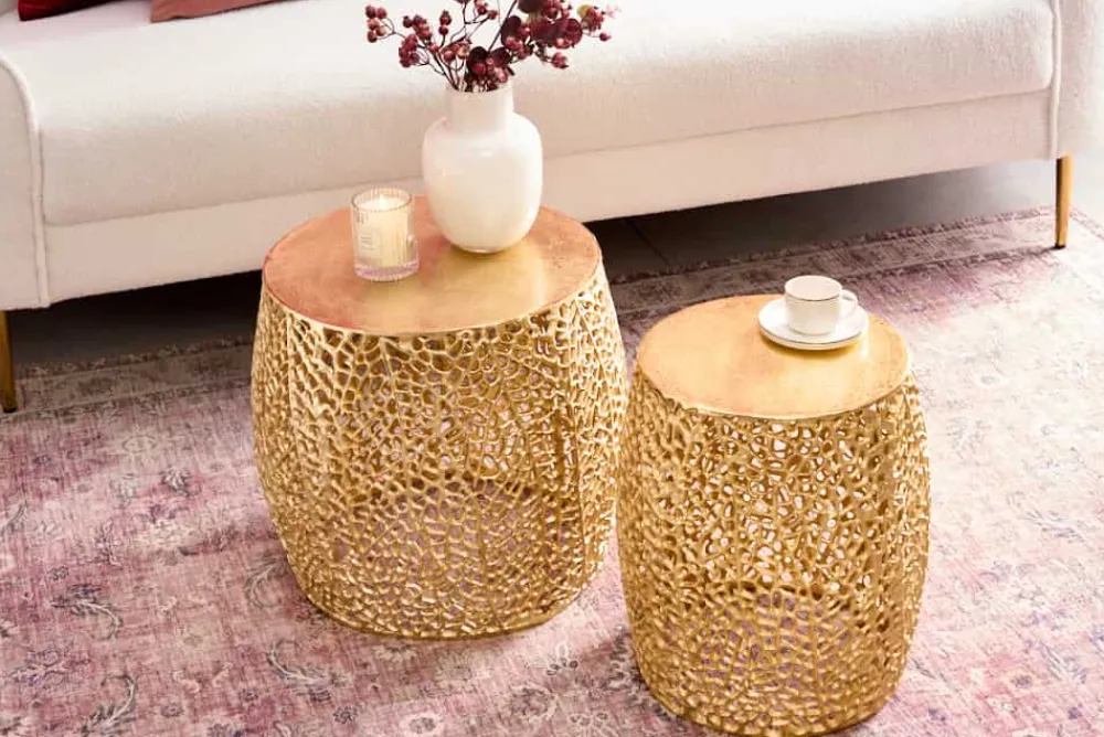 Riess-Ambiente Beistelltische|Goldene Möbel > 2er Set Filigraner Design Couchtisch ABSTRACT LEAF gold Handarbeit Metall rund