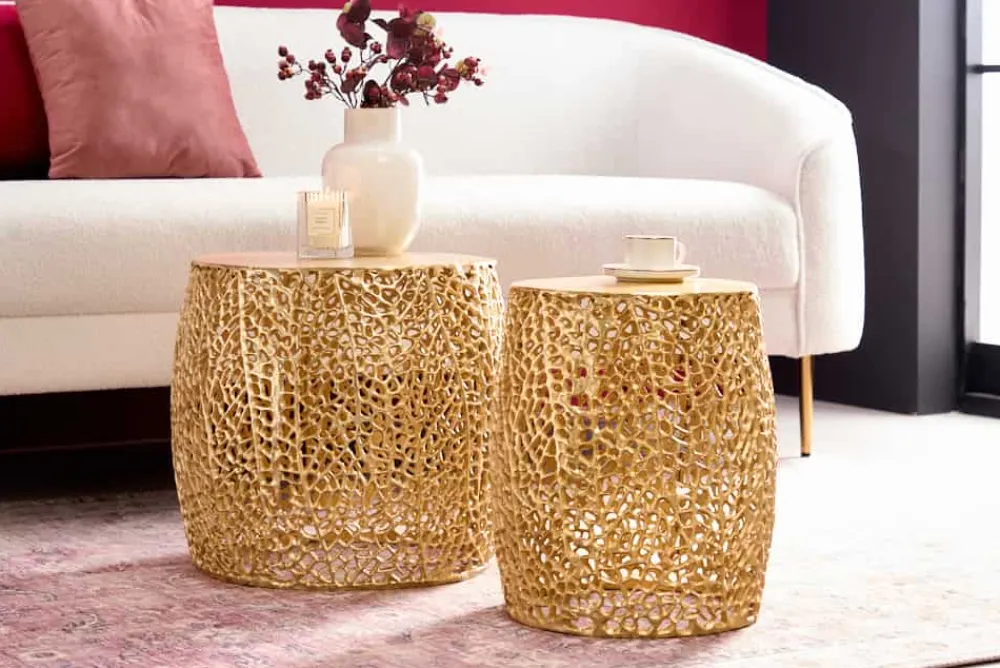 Riess-Ambiente Beistelltische|Goldene Möbel > 2er Set Filigraner Design Couchtisch ABSTRACT LEAF gold Handarbeit Metall rund