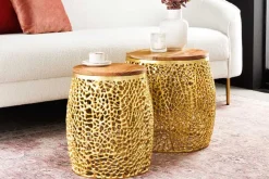 Riess-Ambiente Beistelltische|Goldene Möbel > 2er Set Filigraner Design Couchtisch ABSTRACT LEAF gold Akazienholz Handarbeit Metall rund