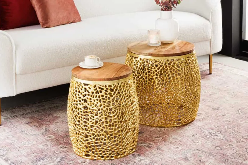 Riess-Ambiente Beistelltische|Goldene Möbel > 2er Set Filigraner Design Couchtisch ABSTRACT LEAF gold Akazienholz Handarbeit Metall rund