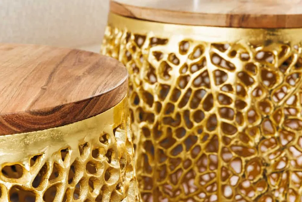 Riess-Ambiente Beistelltische|Goldene Möbel > 2er Set Filigraner Design Couchtisch ABSTRACT LEAF gold Akazienholz Handarbeit Metall rund