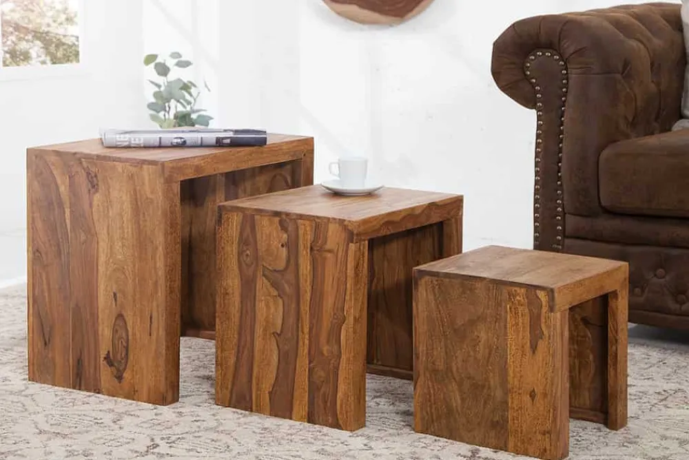 Riess-Ambiente Mehr...|Couchtische > 3er Set Massivholz Beistelltische MAKASSAR 45cm braun Sheesham stone finish Maserung