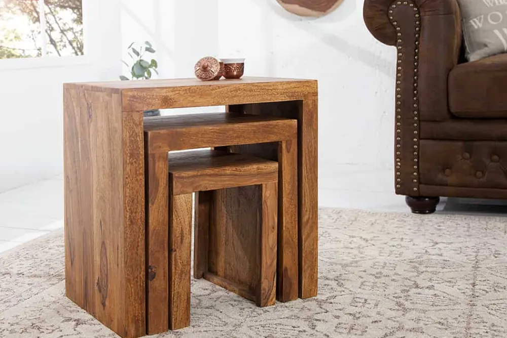 Riess-Ambiente Mehr...|Couchtische > 3er Set Massivholz Beistelltische MAKASSAR 45cm braun Sheesham stone finish Maserung